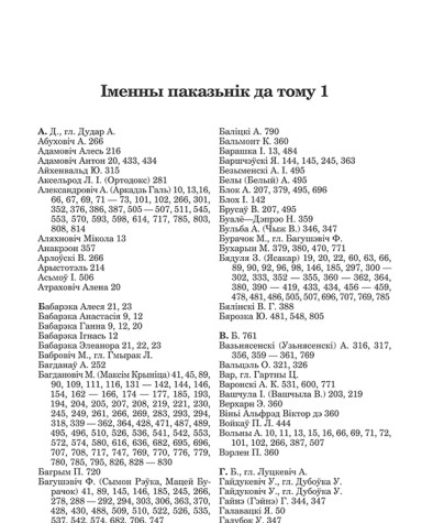 Іменны паказьнік да тому 1. Бабарэка Адам. Збор твораў у двух тамах. Том І. Літаратурна-крытычныя працы